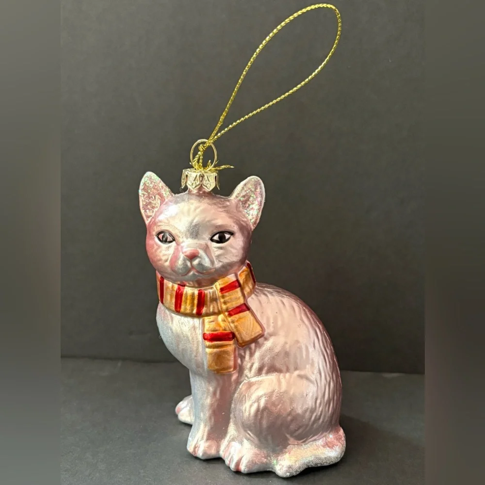 Elegant Pink Iridescent Feline Cat Striped Scarf Blown Glass Ornament Home Decor